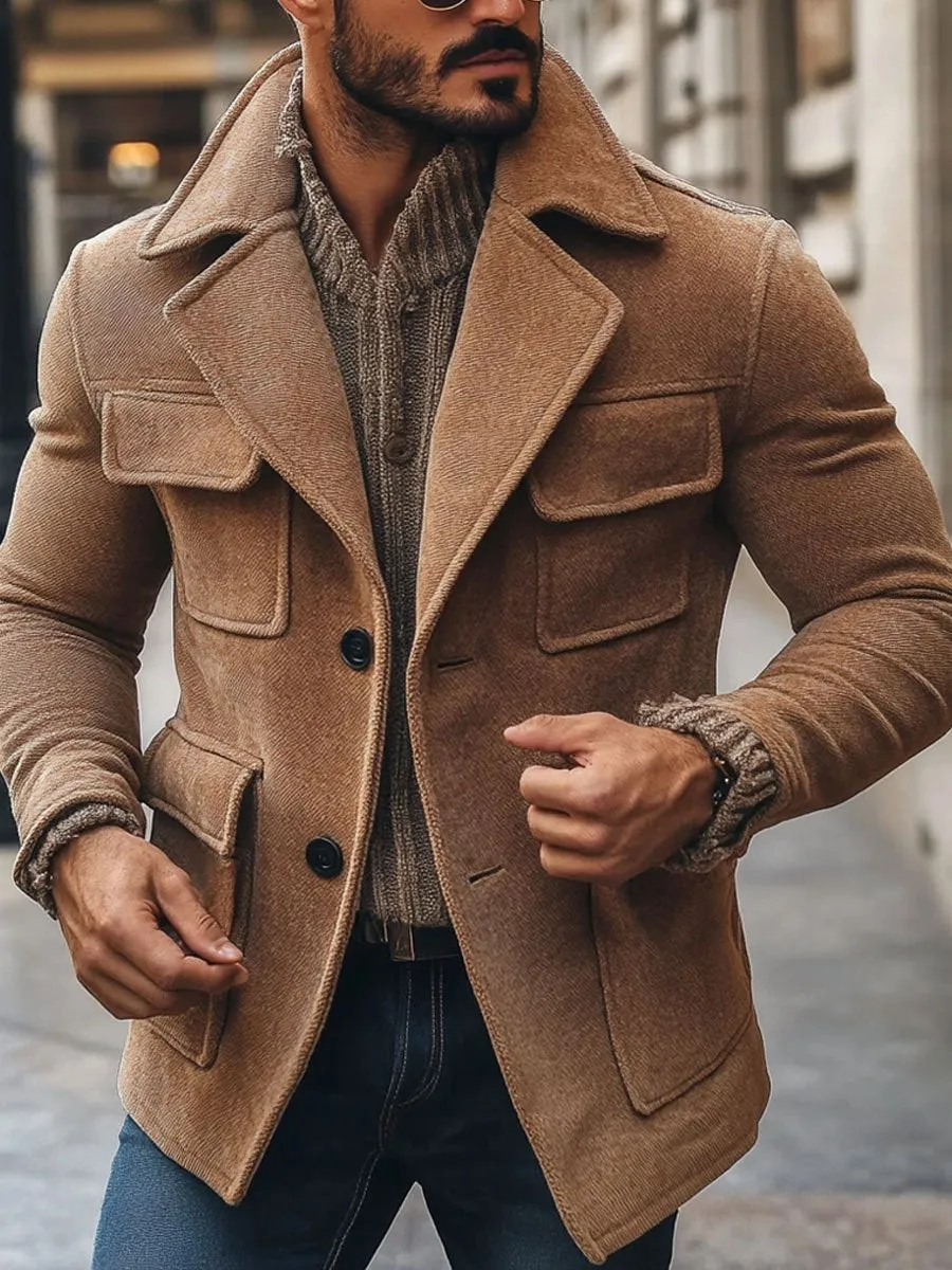 Men's Lapel Multi-Pocket Single-Breasted Casual Solid Color Coat