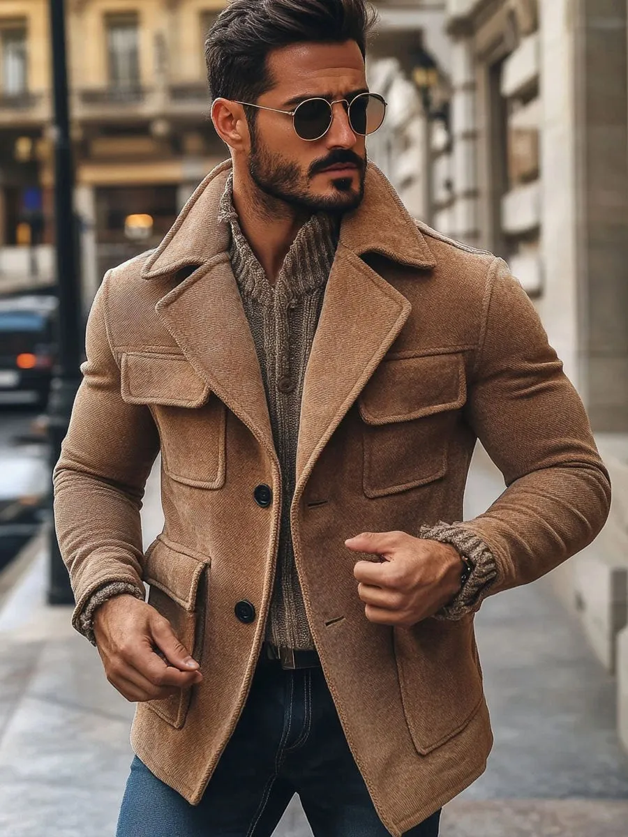 Men's Lapel Multi-Pocket Single-Breasted Casual Solid Color Coat