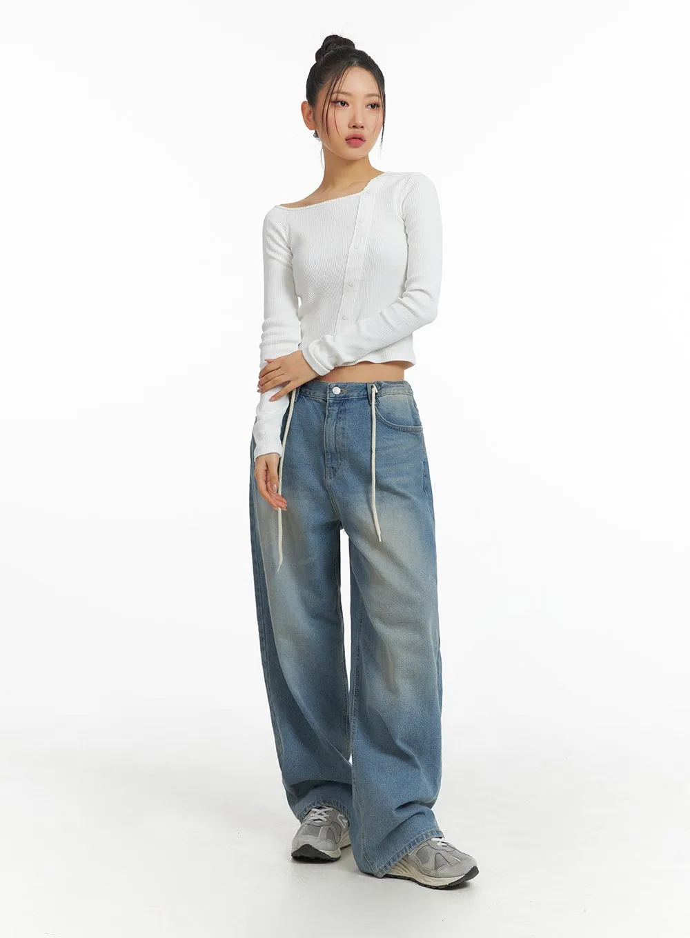 Mid Waist Wide Leg Drawstring Jeans CJ429