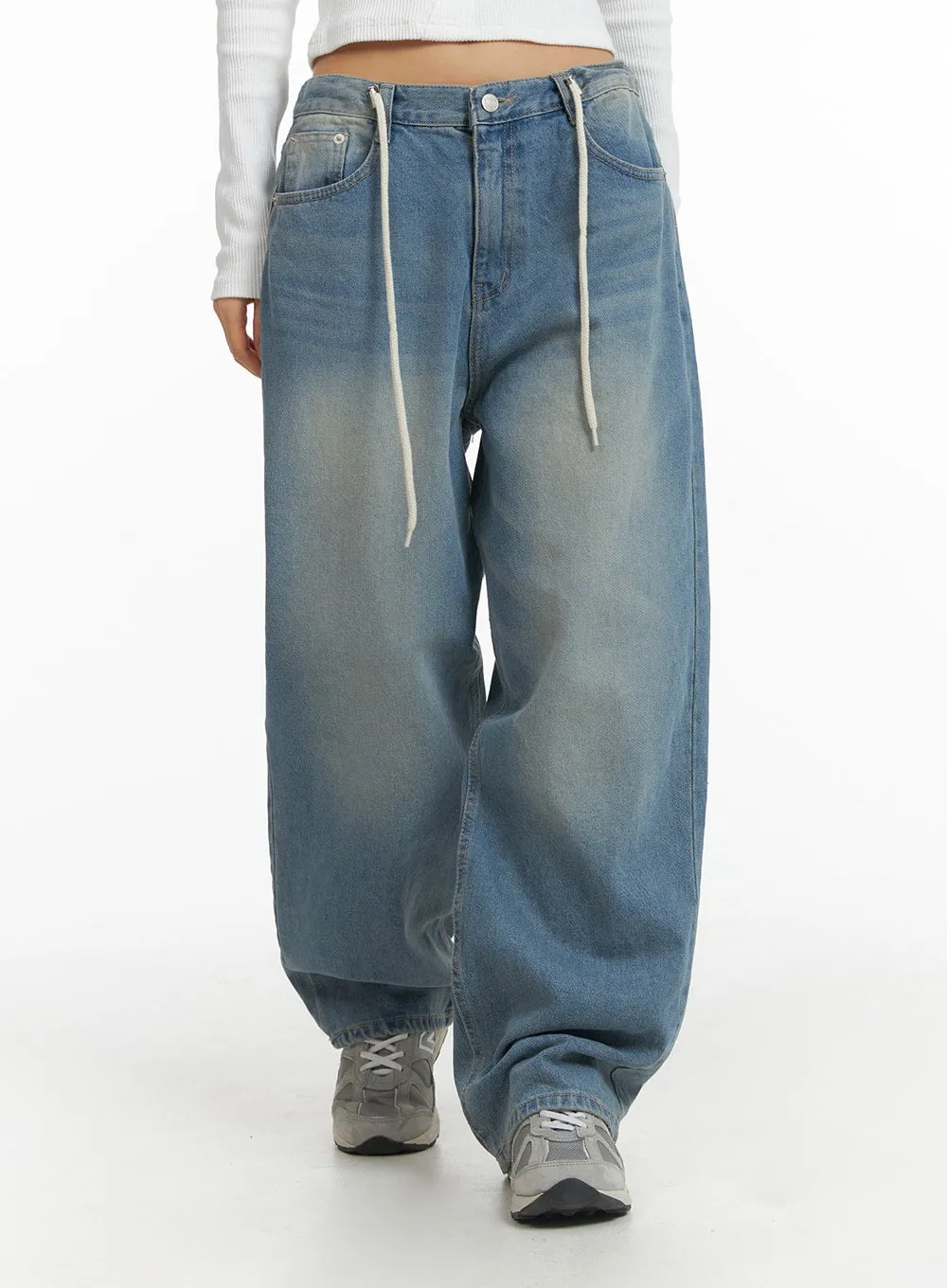 Mid Waist Wide Leg Drawstring Jeans CJ429