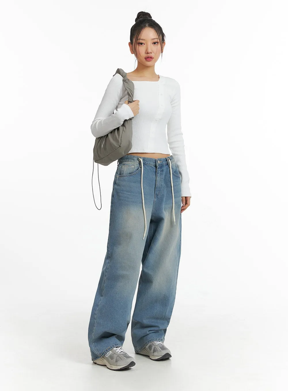 Mid Waist Wide Leg Drawstring Jeans CJ429