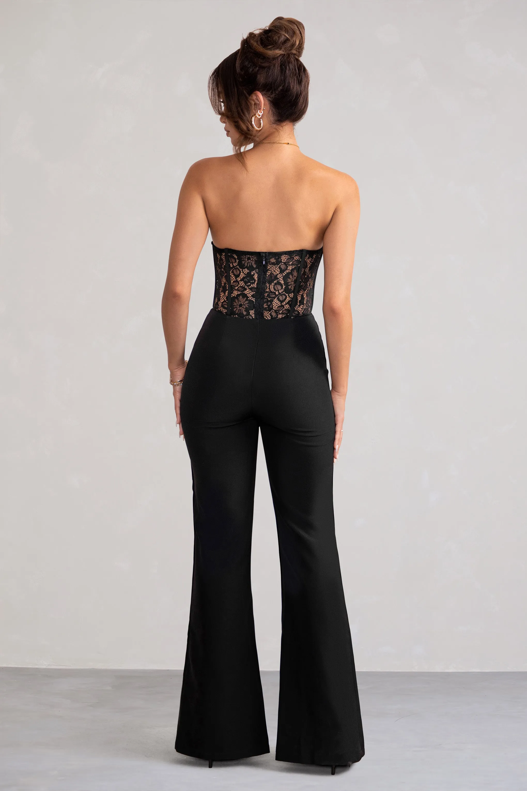 Mimi | Black Strapless Lace Corset Flared Leg Jumpsuit