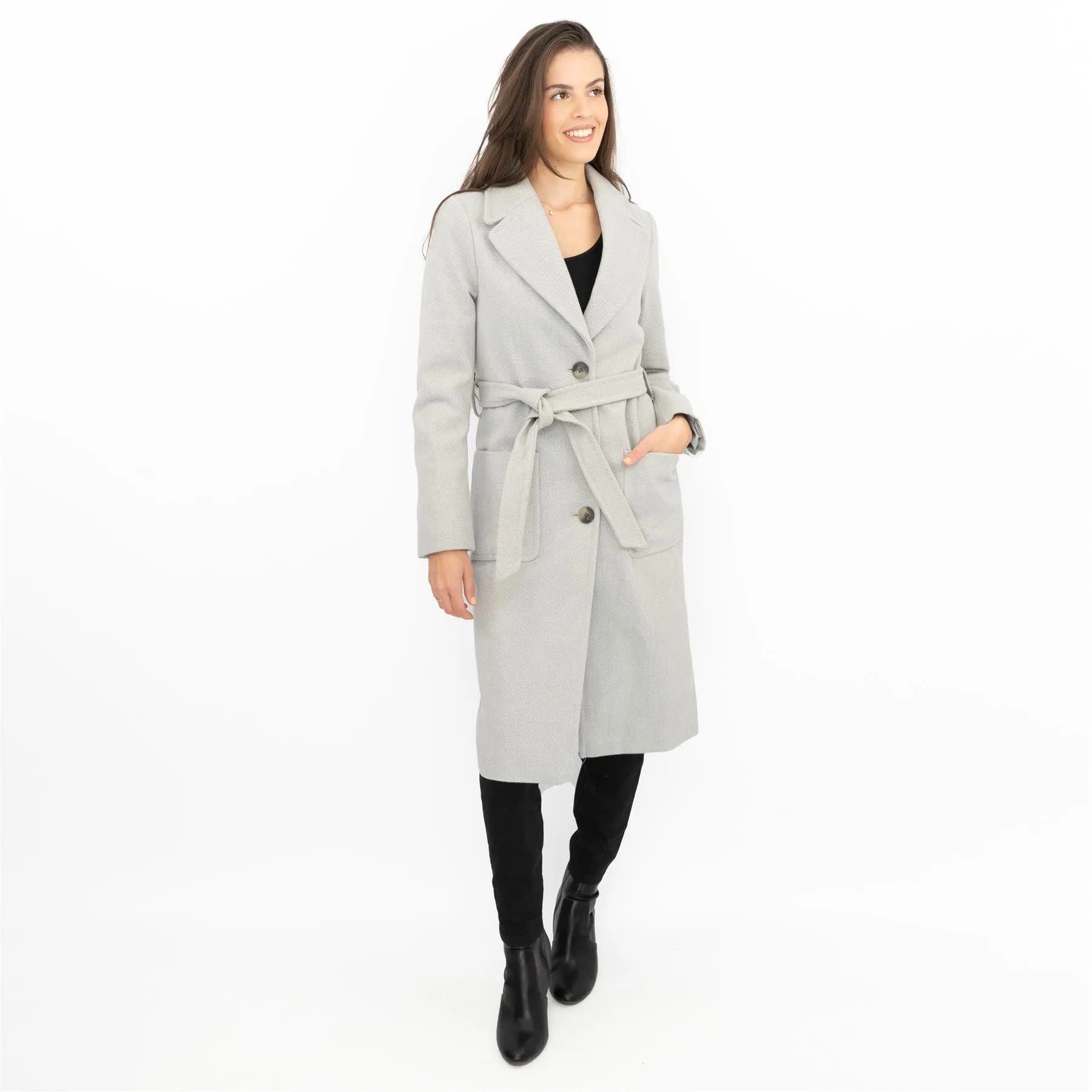 M&S Grey Herringbone Belted Tailored Coat