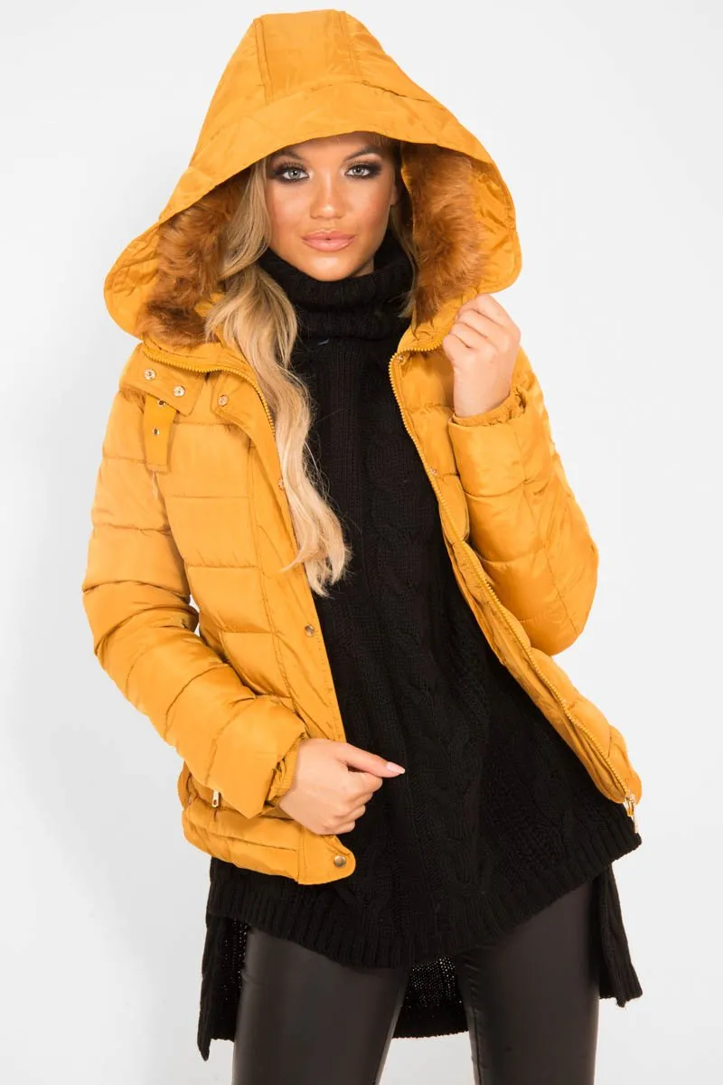 Mustard Faux Fur Trim Hood Padded Coat - Jessabelle