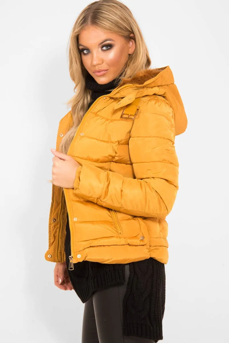 Mustard Faux Fur Trim Hood Padded Coat - Jessabelle