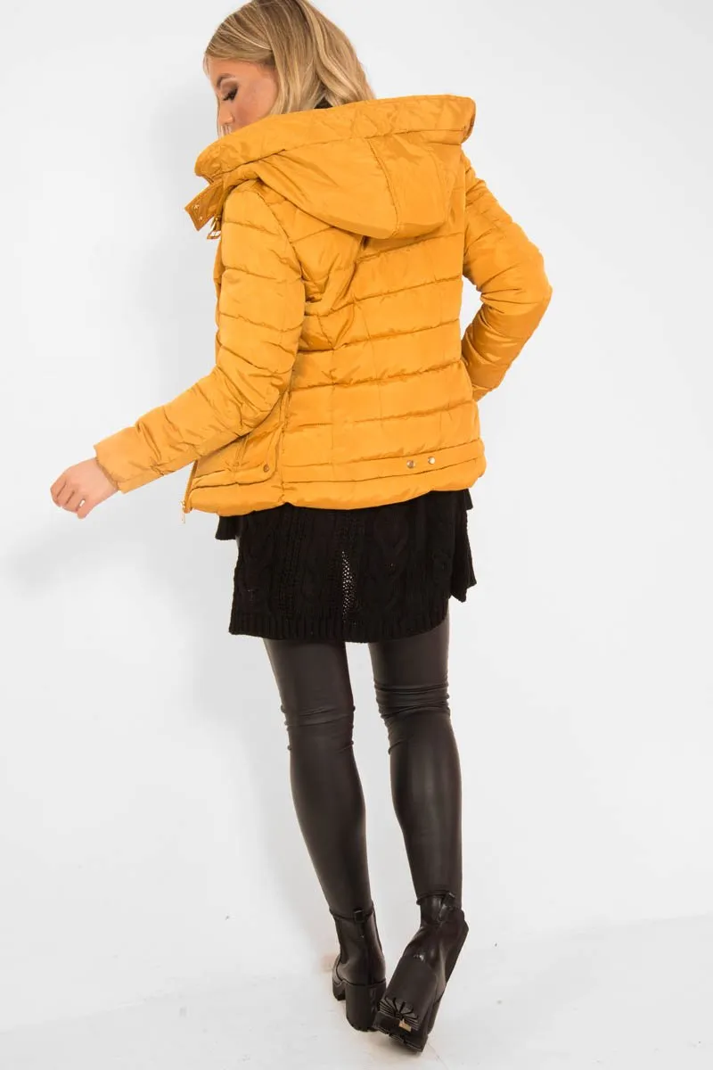 Mustard Faux Fur Trim Hood Padded Coat - Jessabelle