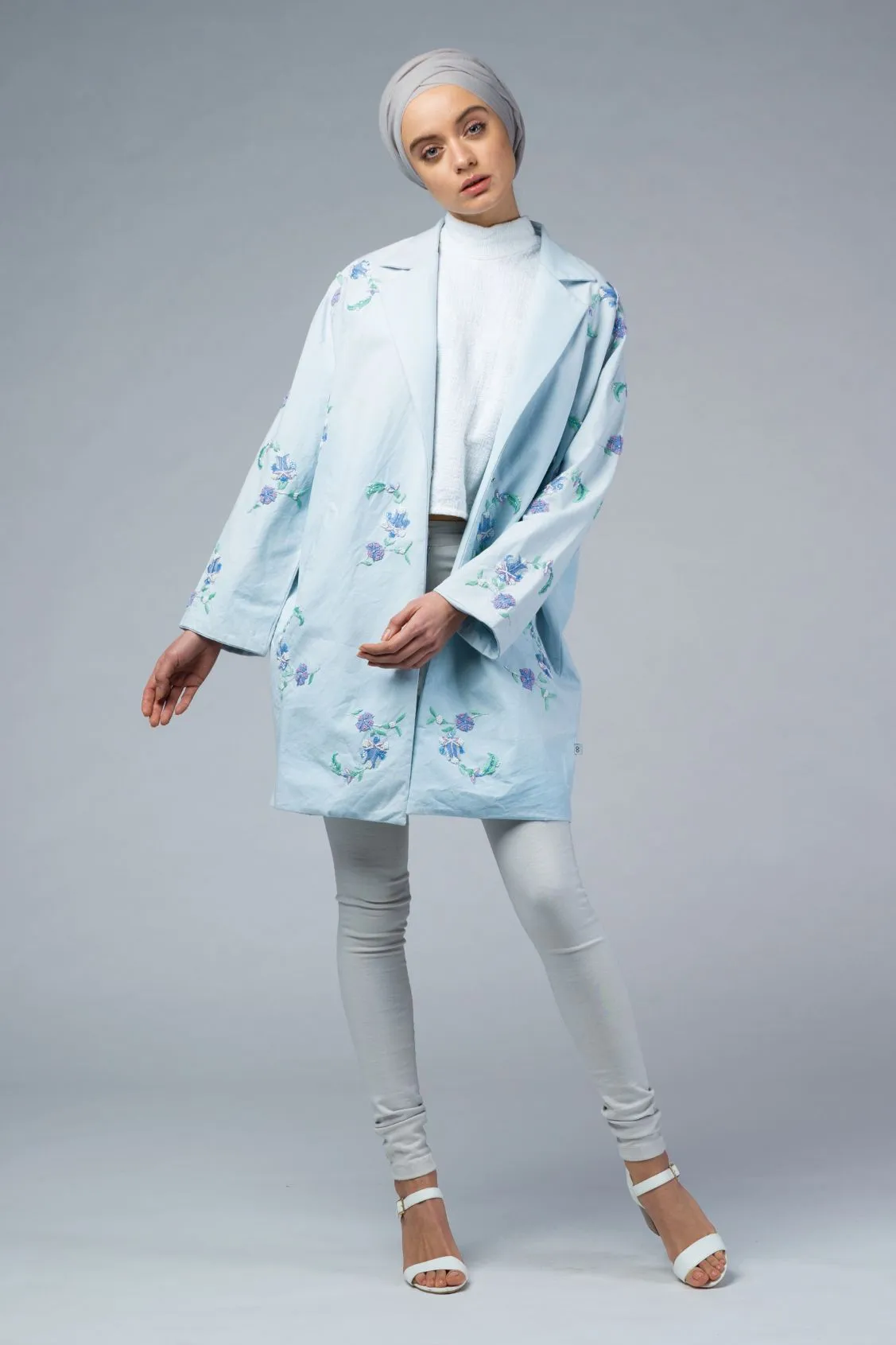 NAIA Blue Hand Embroidered Cocoon Coat - IMAIMA