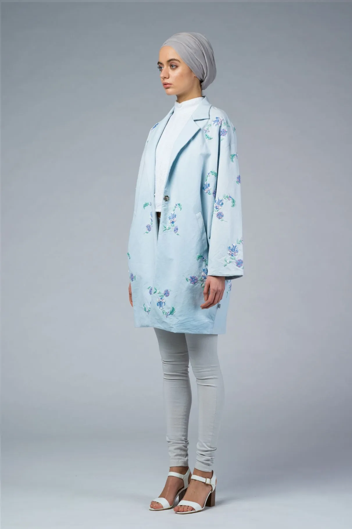 NAIA Blue Hand Embroidered Cocoon Coat - IMAIMA