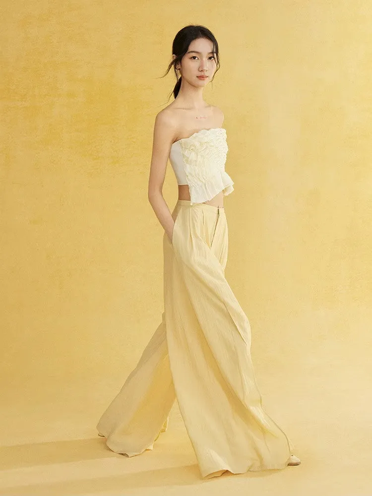 Natural Slit Wide-Leg Wrinkled Plain Flare-Pants