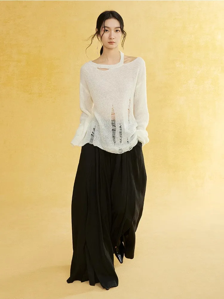 Natural Slit Wide-Leg Wrinkled Plain Flare-Pants