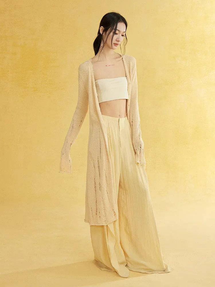 Natural Slit Wide-Leg Wrinkled Plain Flare-Pants