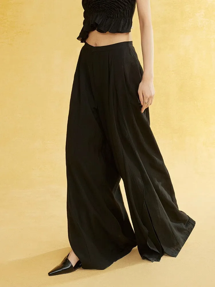 Natural Slit Wide-Leg Wrinkled Plain Flare-Pants