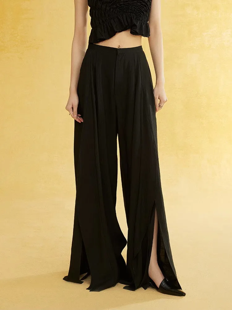 Natural Slit Wide-Leg Wrinkled Plain Flare-Pants