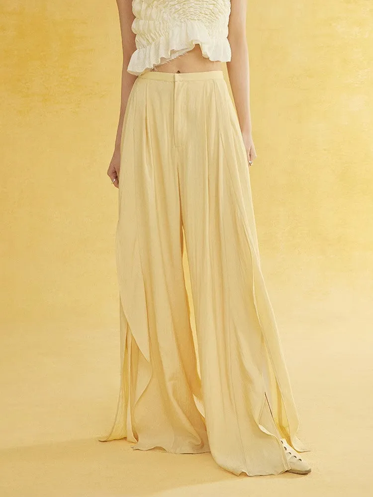 Natural Slit Wide-Leg Wrinkled Plain Flare-Pants