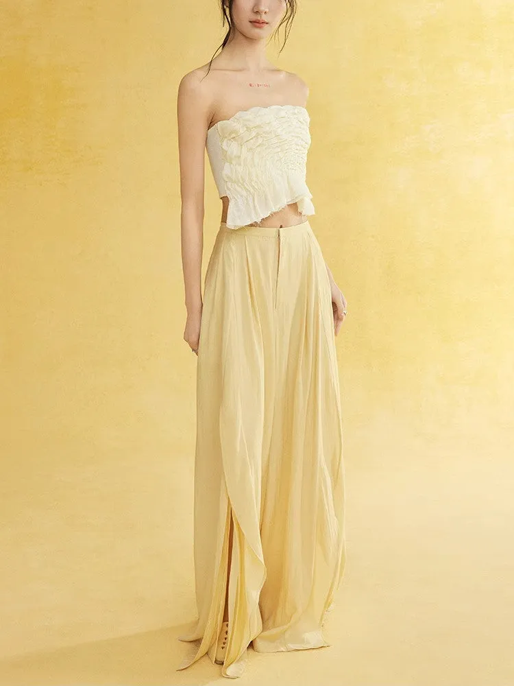 Natural Slit Wide-Leg Wrinkled Plain Flare-Pants