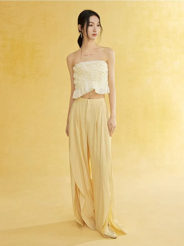 Natural Slit Wide-Leg Wrinkled Plain Flare-Pants