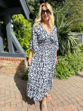 Navy Flared Sleeve Patterned Maxi Dress Megan