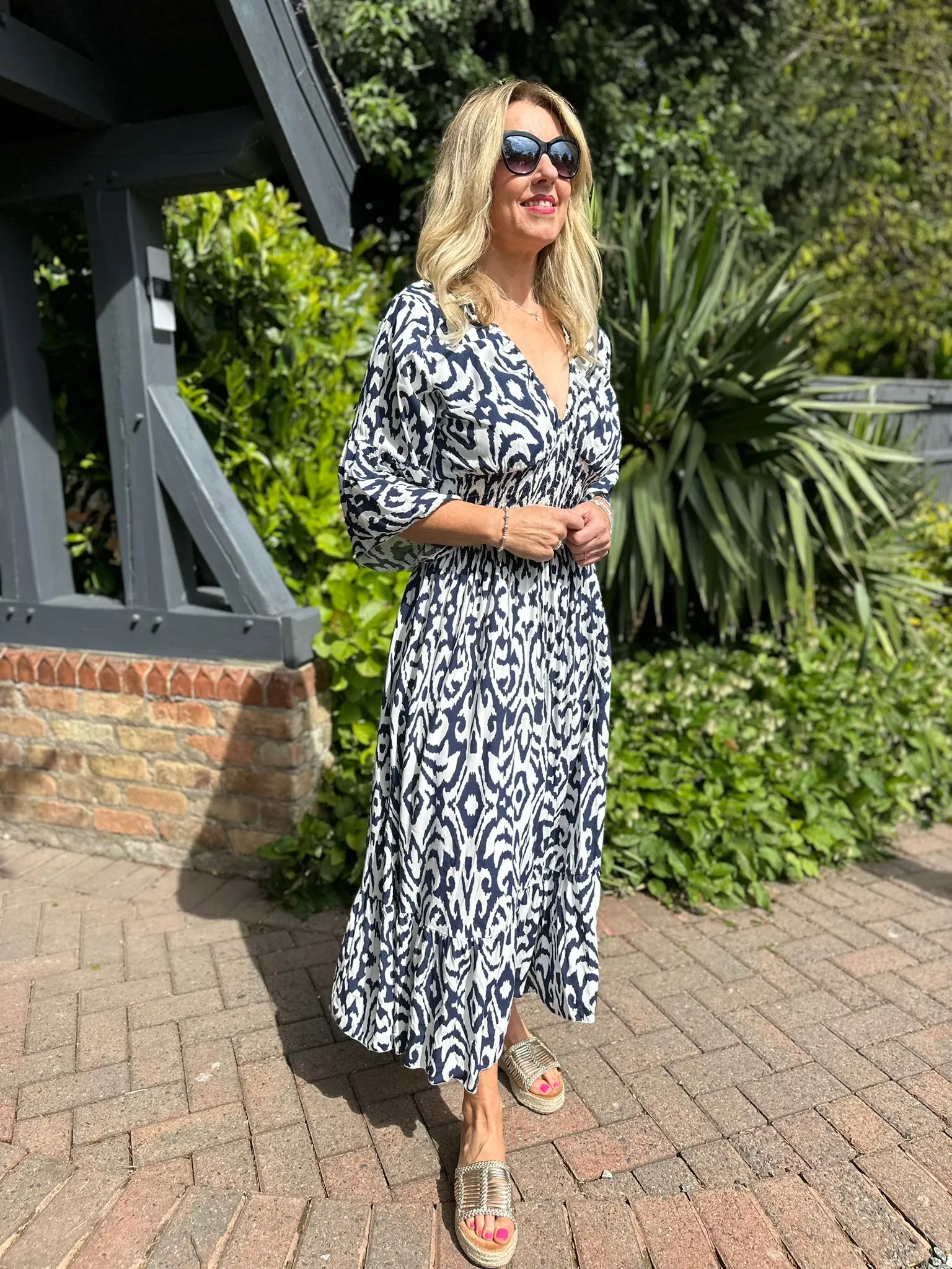 Navy Flared Sleeve Patterned Maxi Dress Megan