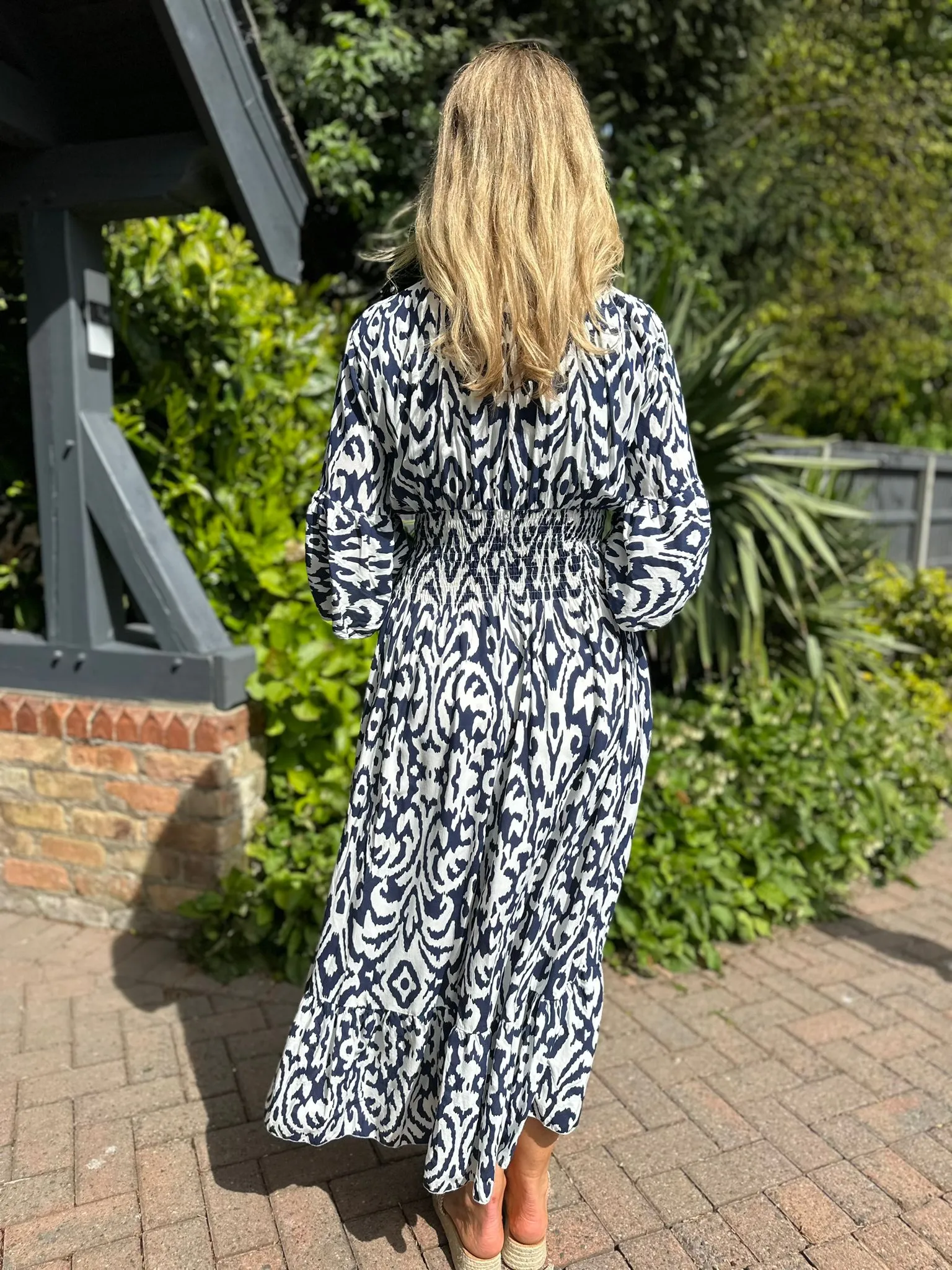 Navy Flared Sleeve Patterned Maxi Dress Megan