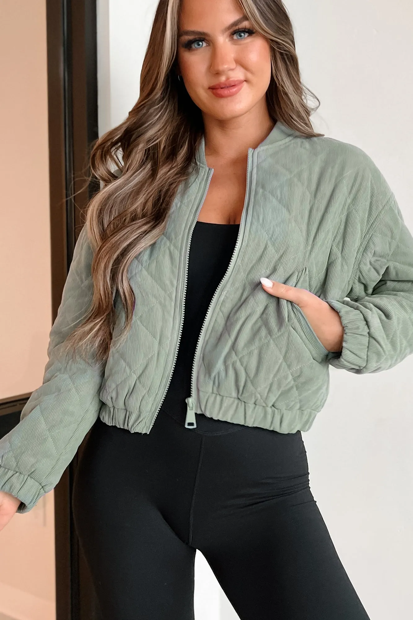 Never Pretend Quilted Corduroy Crop Jacket (Mint Stone)