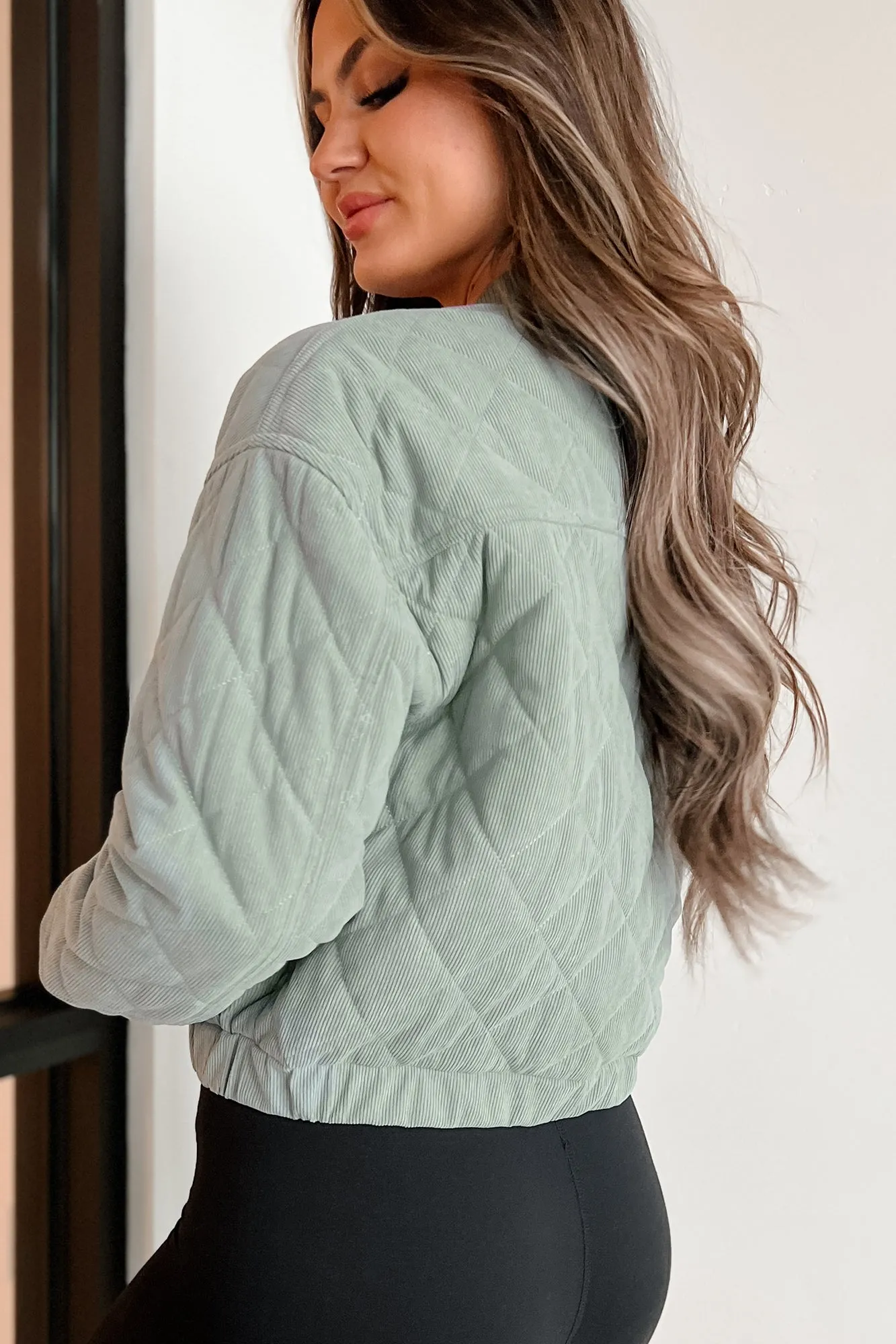 Never Pretend Quilted Corduroy Crop Jacket (Mint Stone)