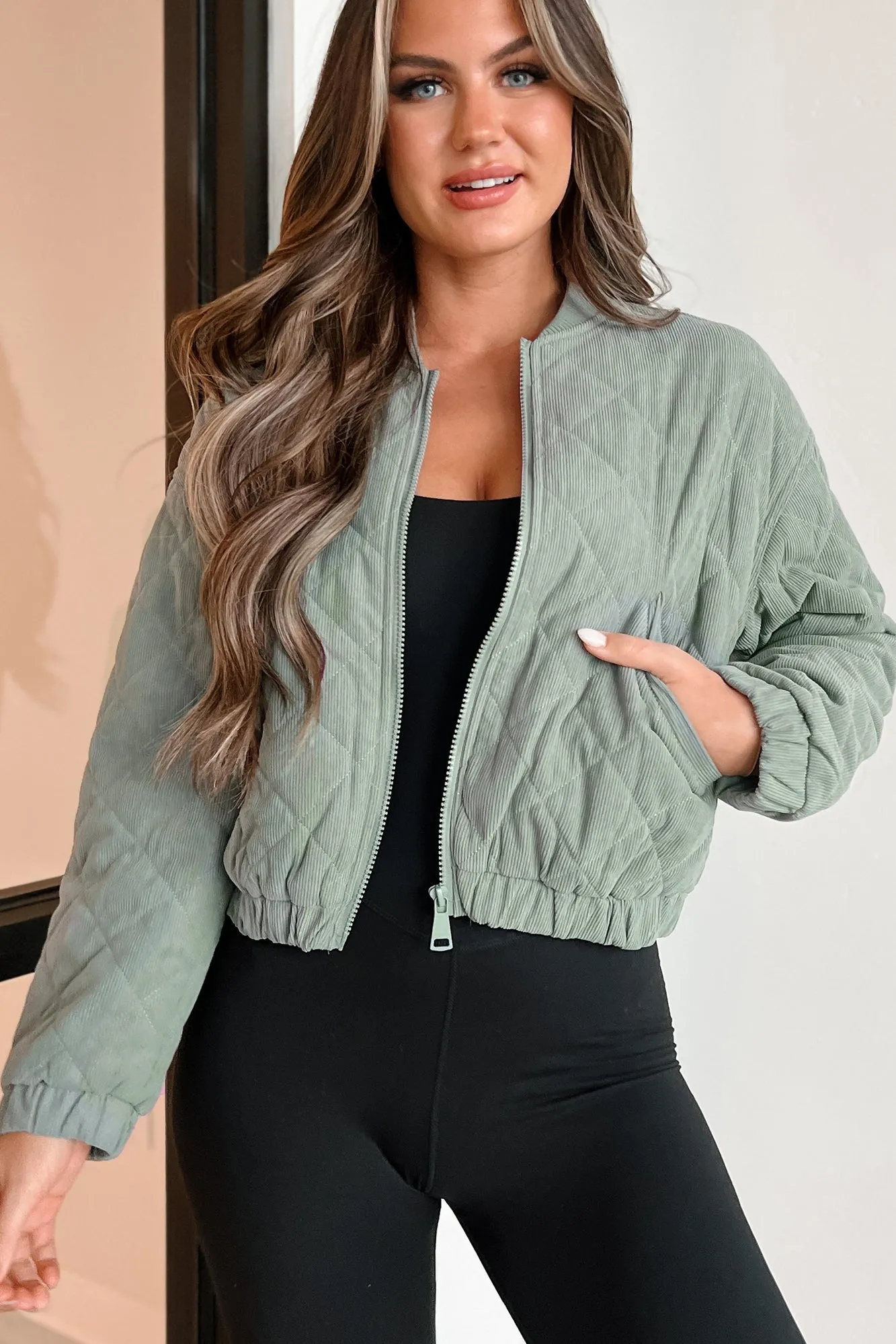 Never Pretend Quilted Corduroy Crop Jacket (Mint Stone)