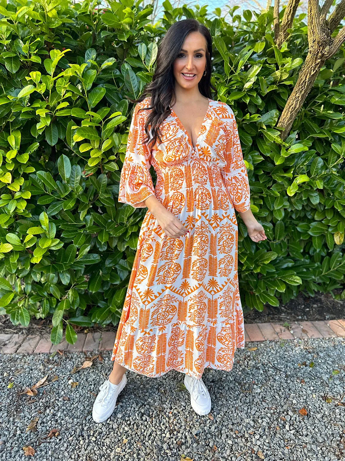 Orange Flared Sleeve Maxi Tribal Dress Megan