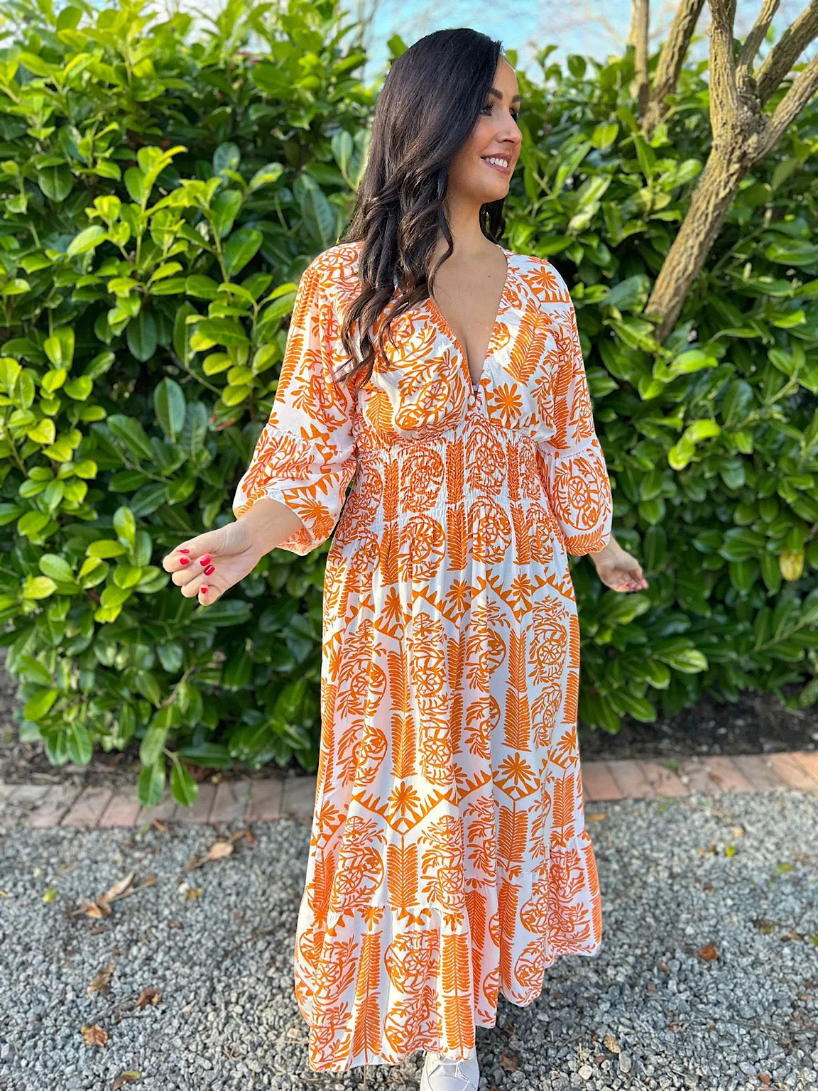 Orange Flared Sleeve Maxi Tribal Dress Megan