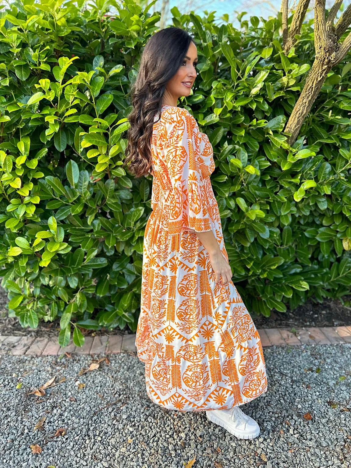 Orange Flared Sleeve Maxi Tribal Dress Megan