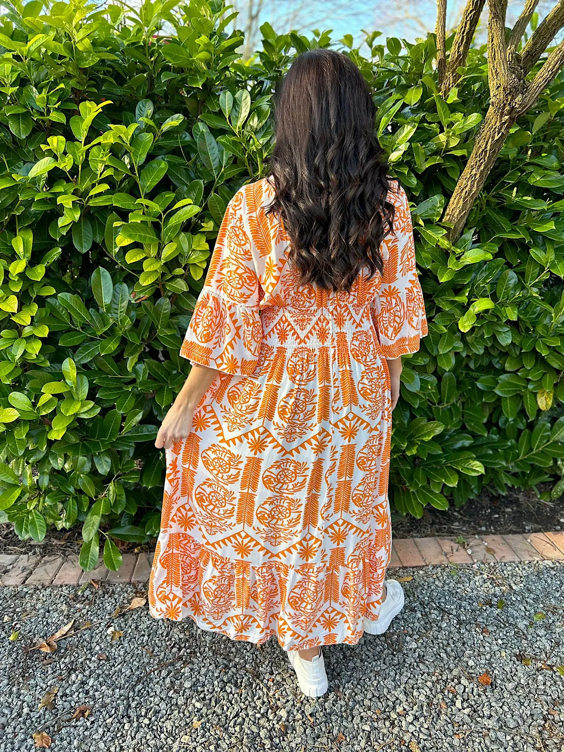 Orange Flared Sleeve Maxi Tribal Dress Megan