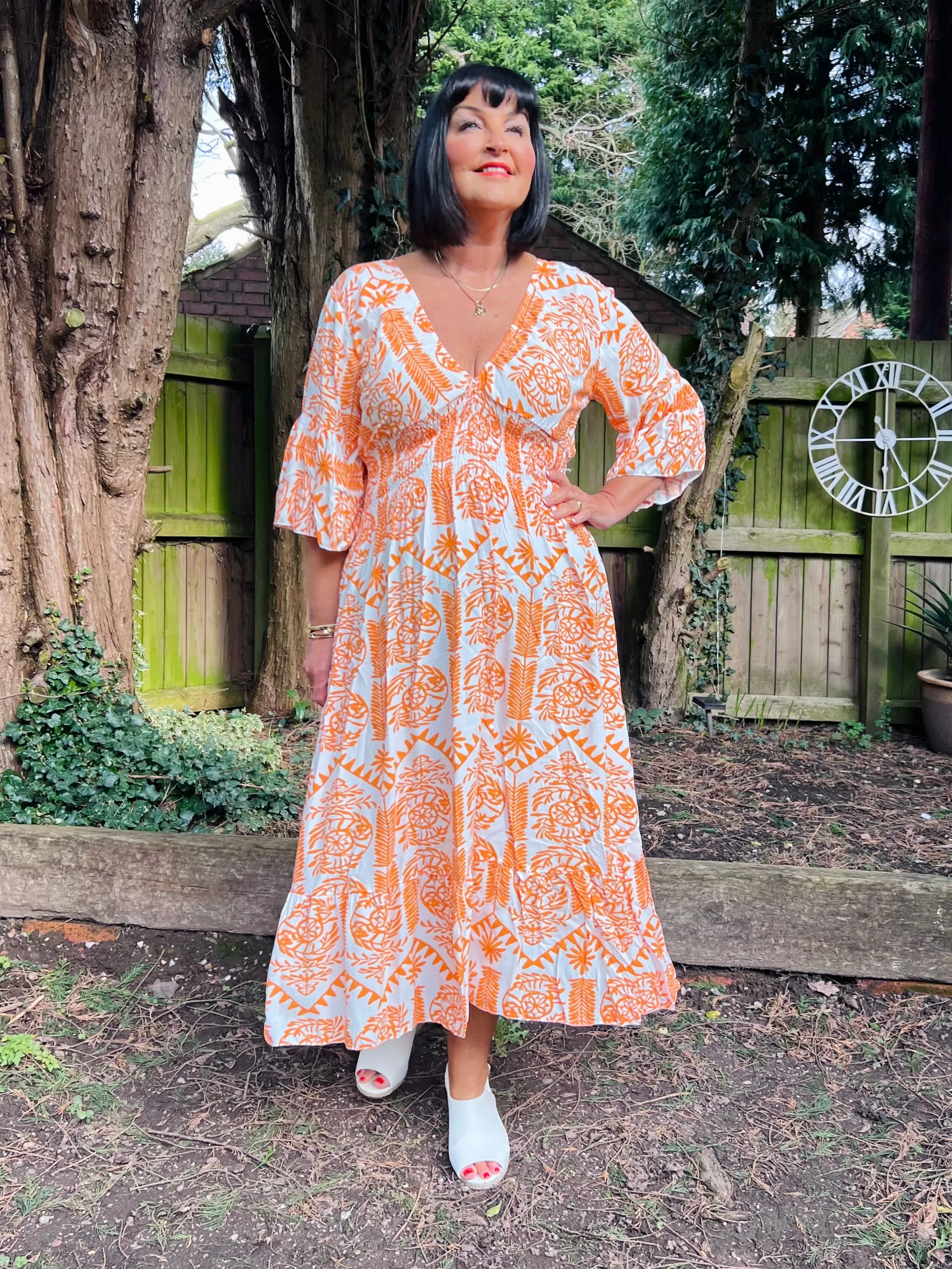 Orange Flared Sleeve Maxi Tribal Dress Megan