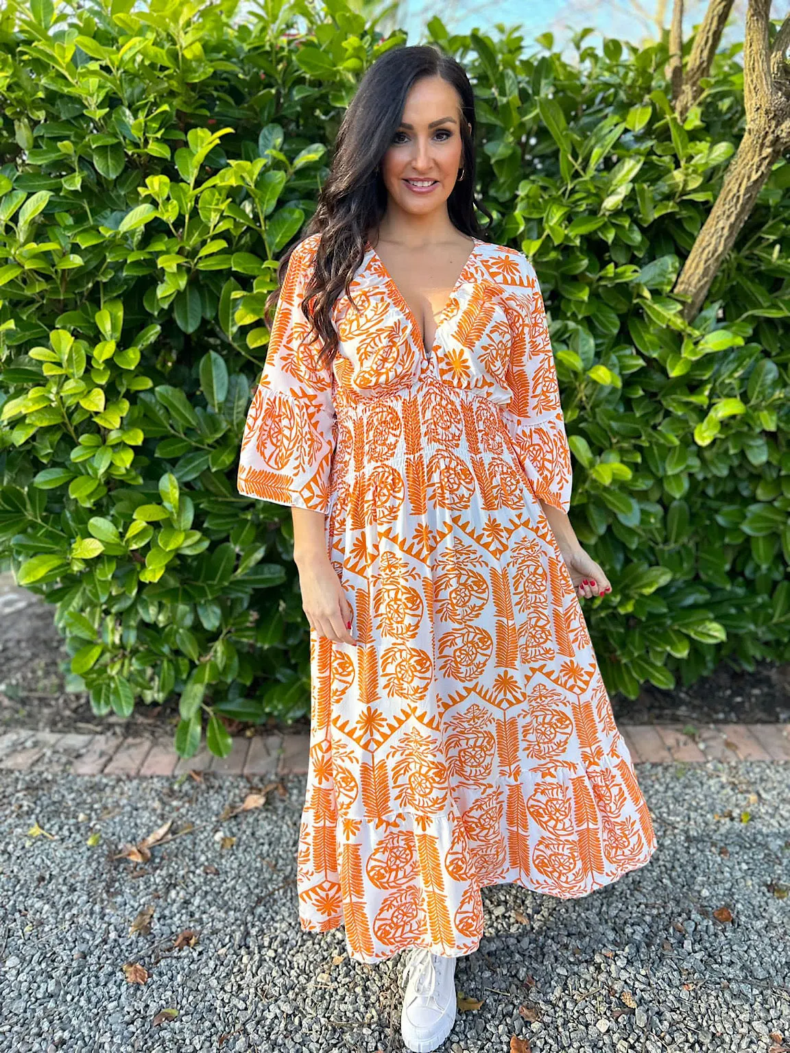 Orange Flared Sleeve Maxi Tribal Dress Megan