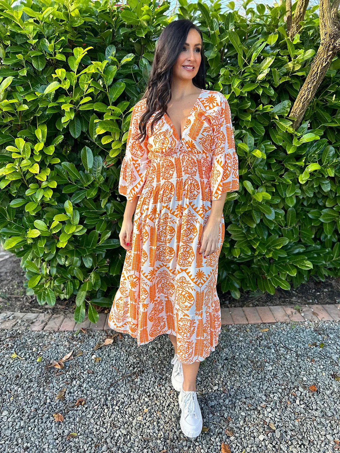 Orange Flared Sleeve Maxi Tribal Dress Megan