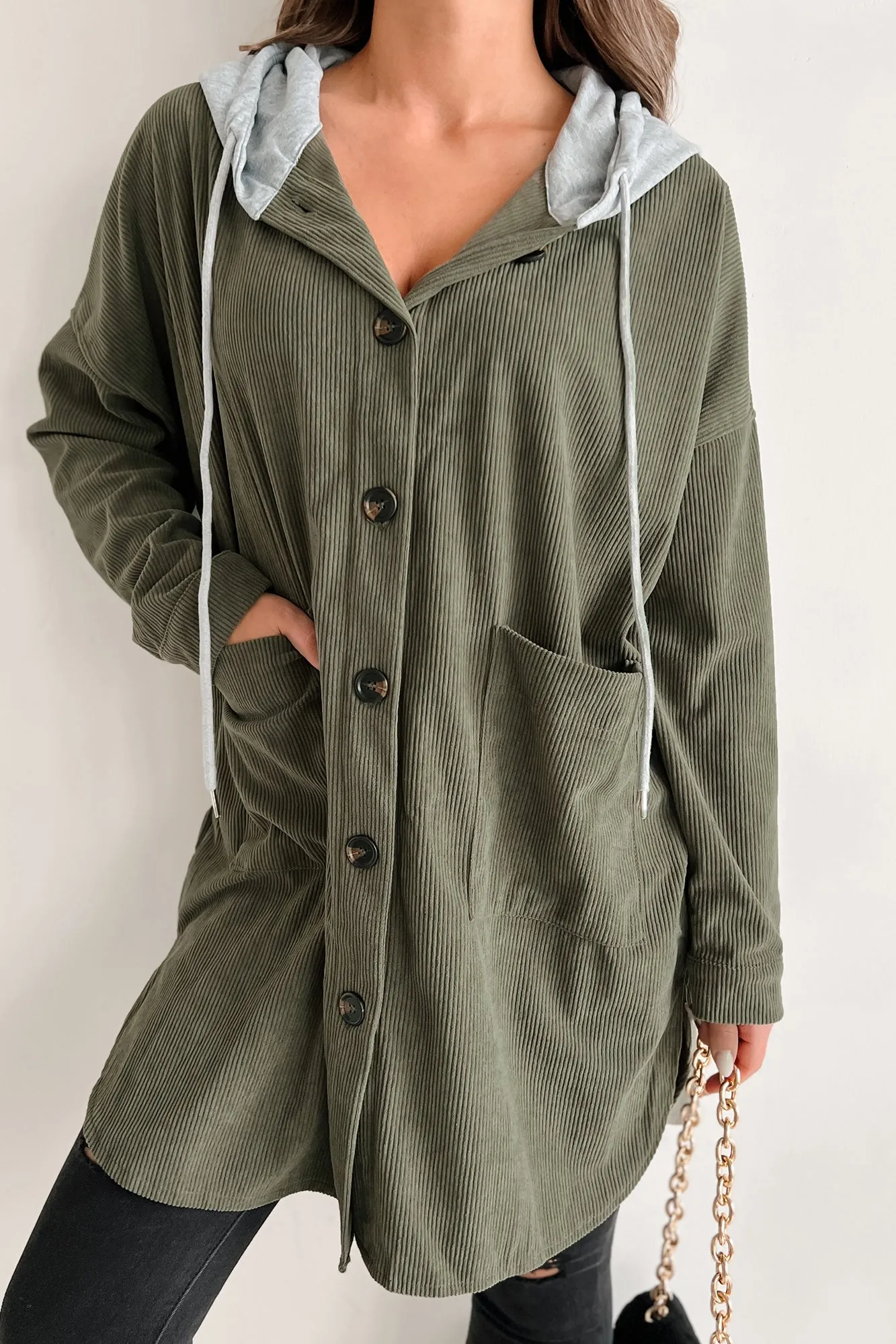 Ours For The Taking Oversized Hooded Corduroy Shacket (Olive)