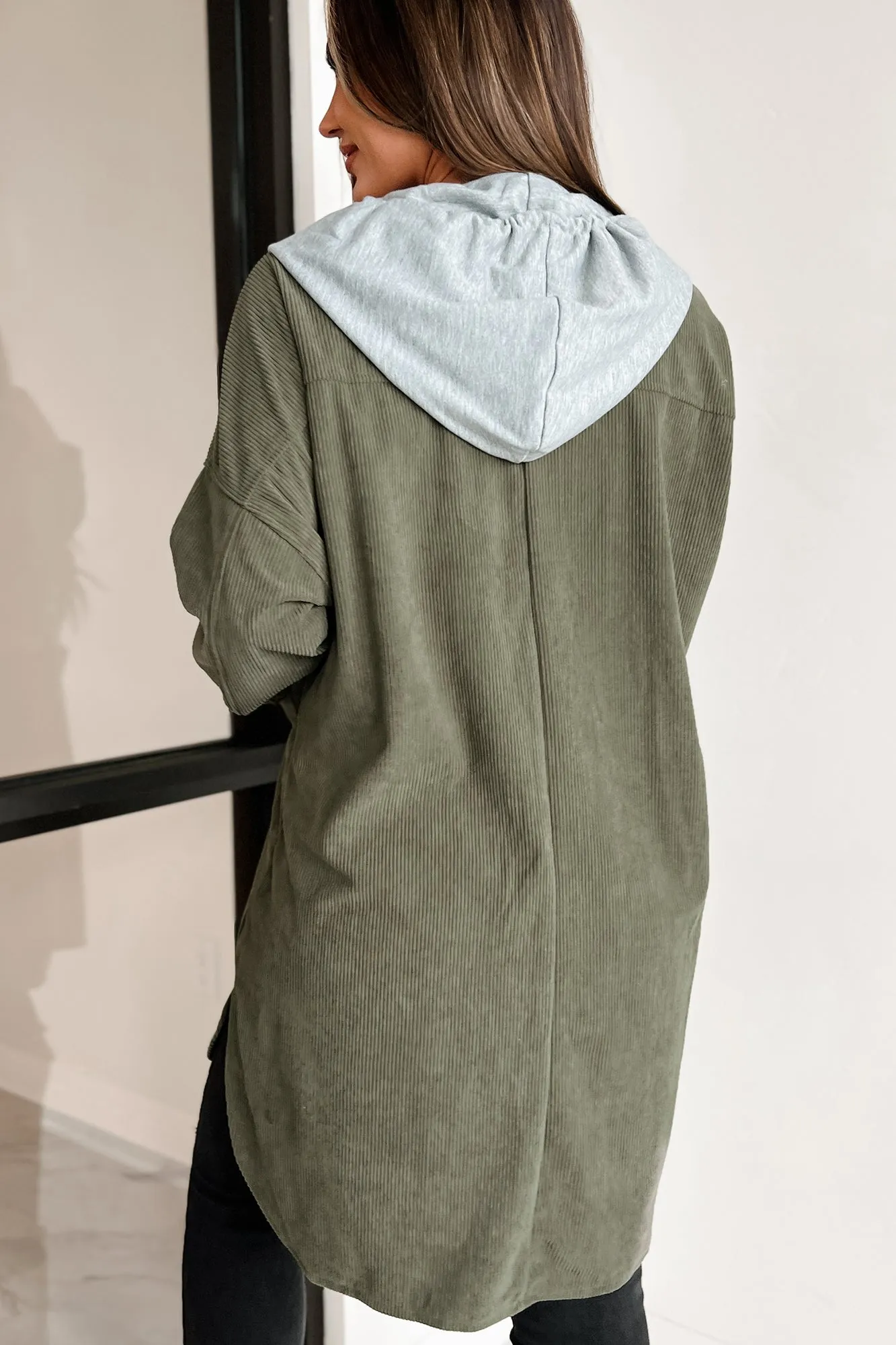 Ours For The Taking Oversized Hooded Corduroy Shacket (Olive)