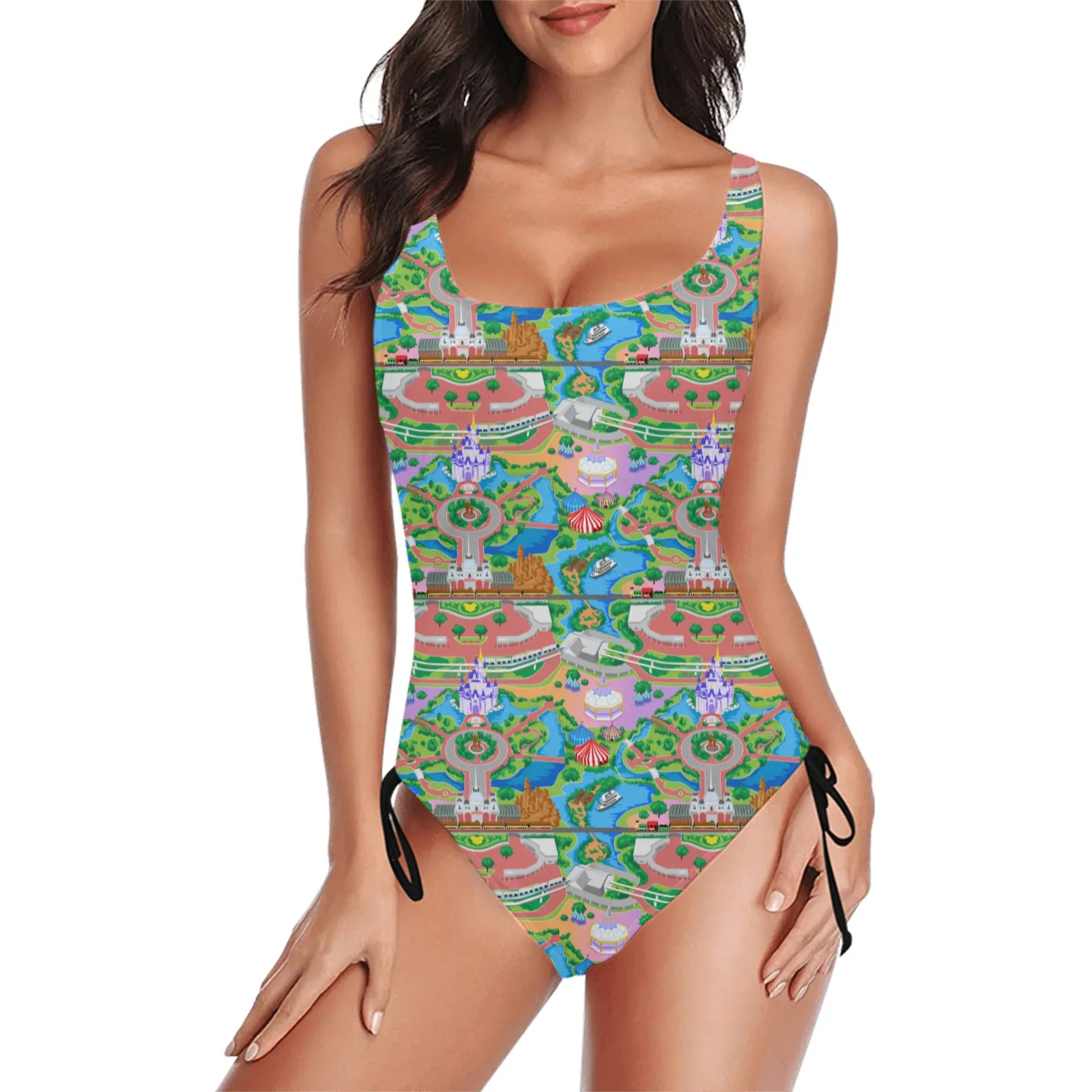 Park Map Drawstring Side Women's One-Piece Swimsuit