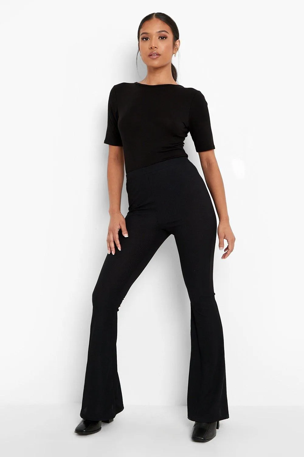 Petite Rib High Waist Jersey Knit Flares