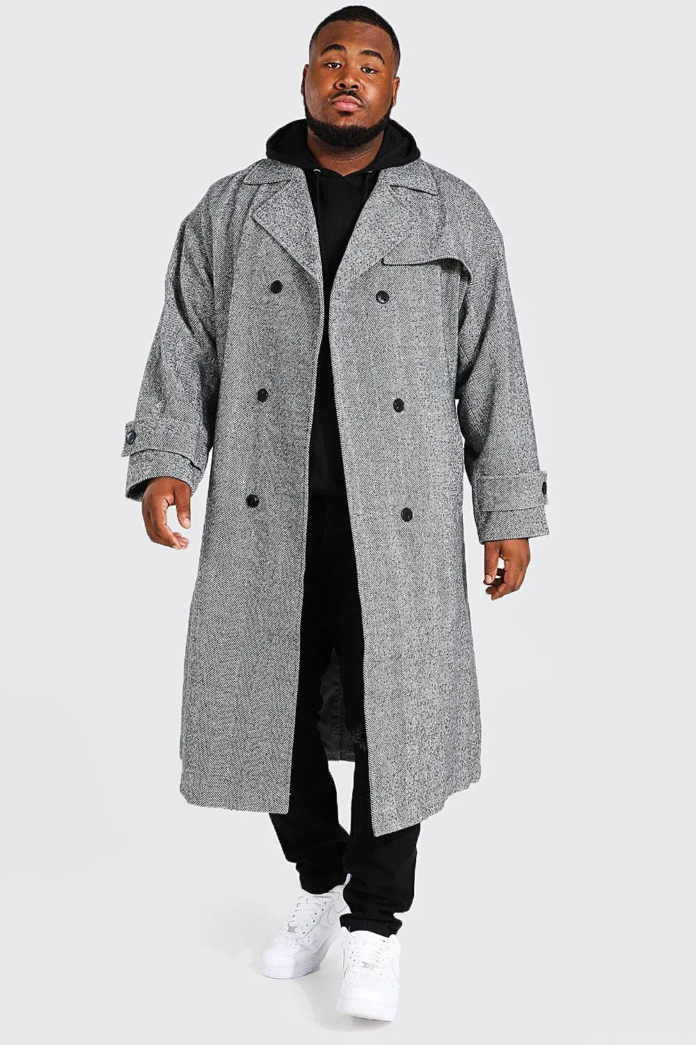 Plus Brushed Herringbone Trench Overcoat | boohooMAN UK