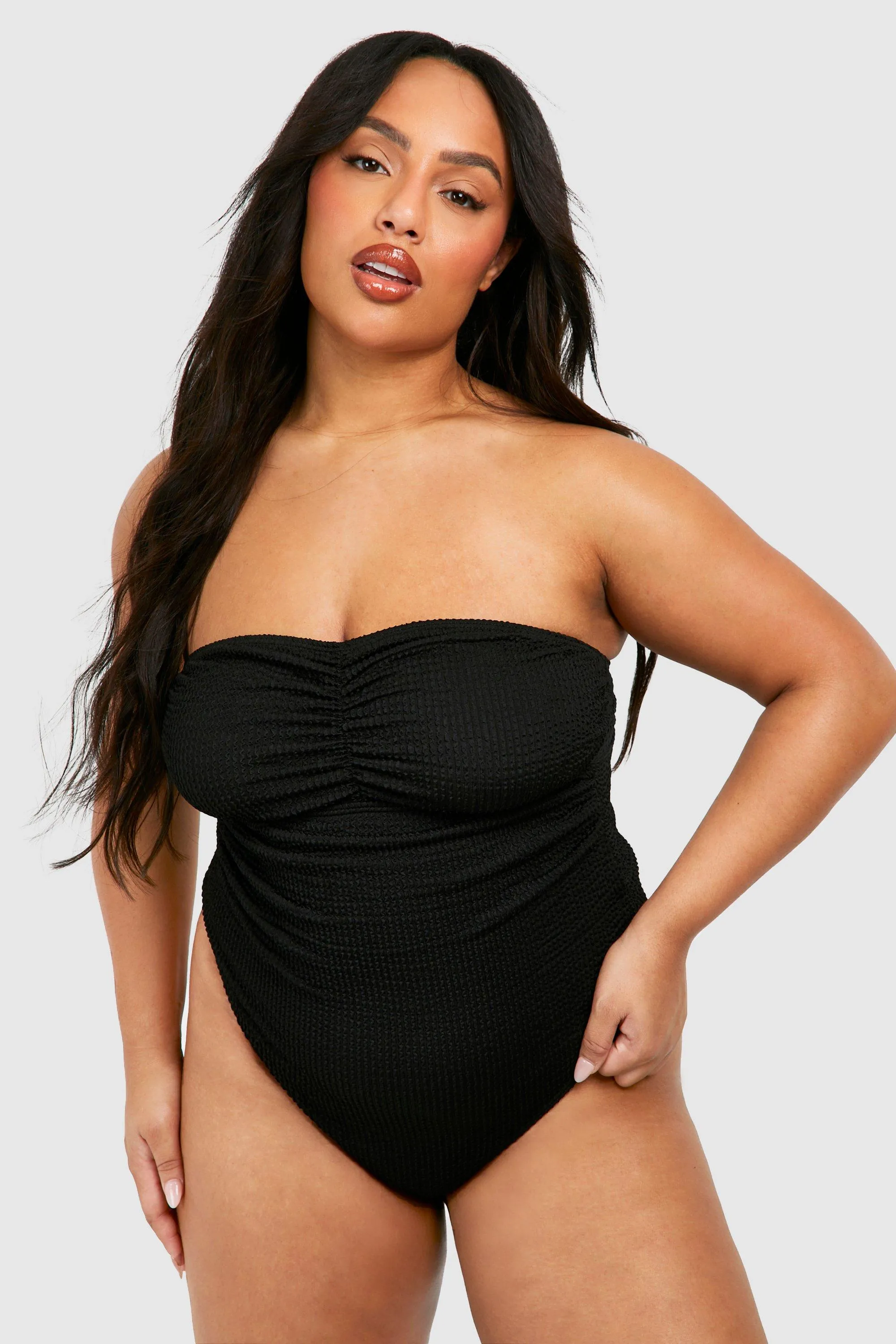 Plus Crinkle Tummy Control Bandeau Ruched Swimsuit