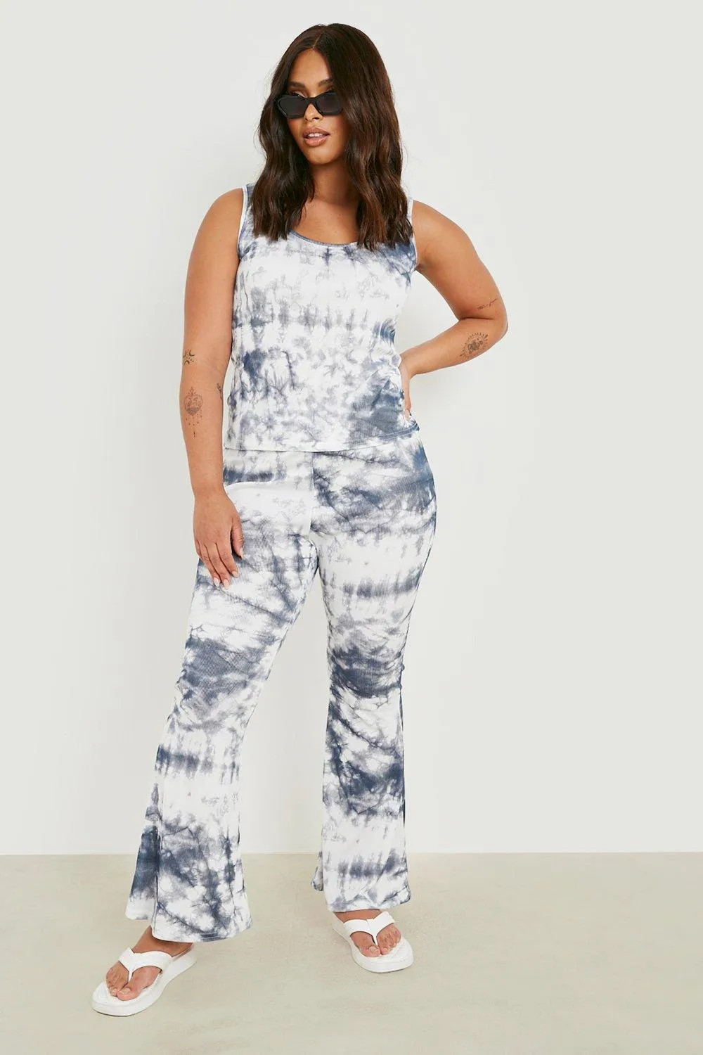 Plus Rib Tie Dye Printed Flares