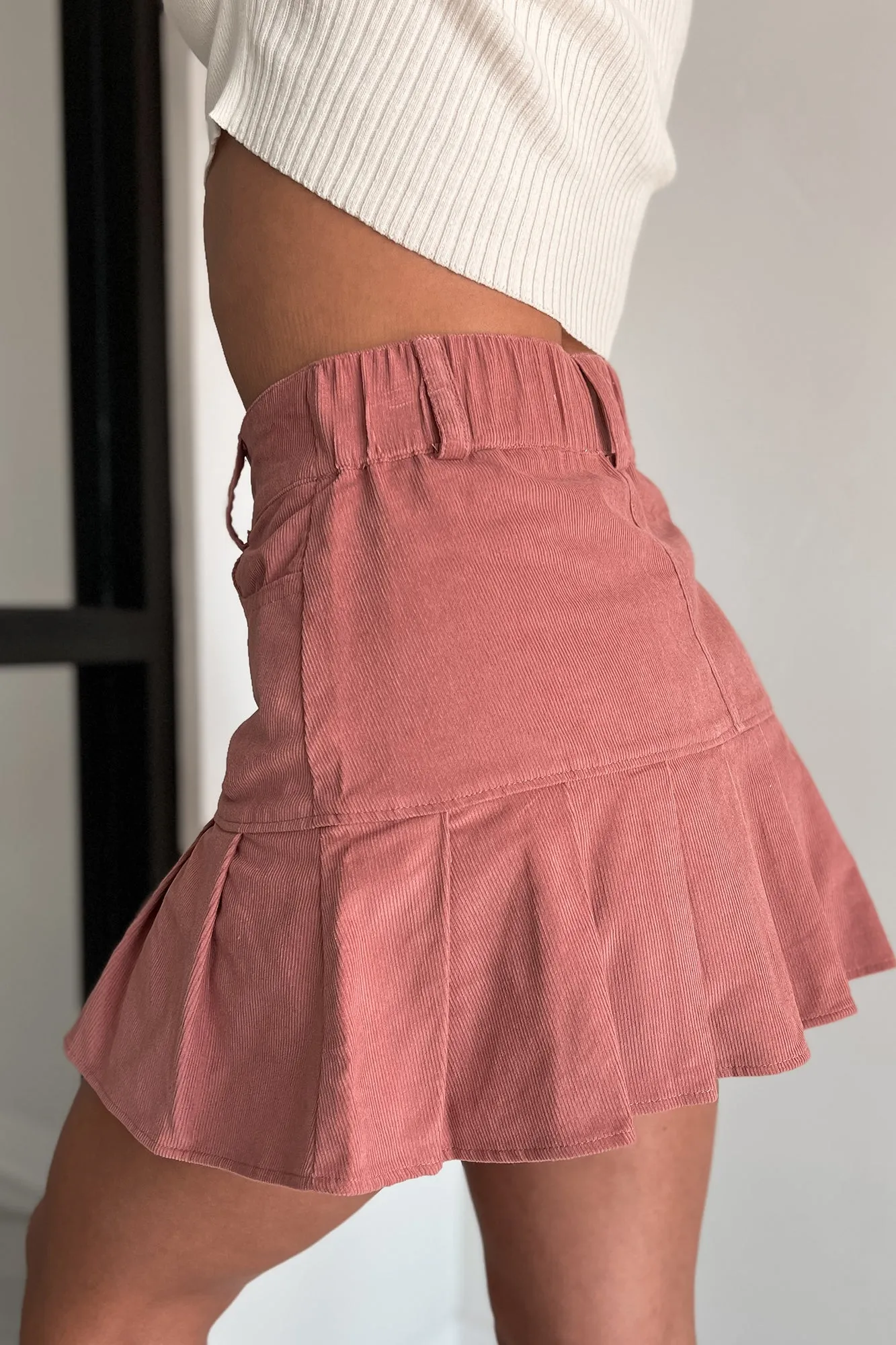 Prep Talk Pleated Corduroy Mini Skirt (Mauve)