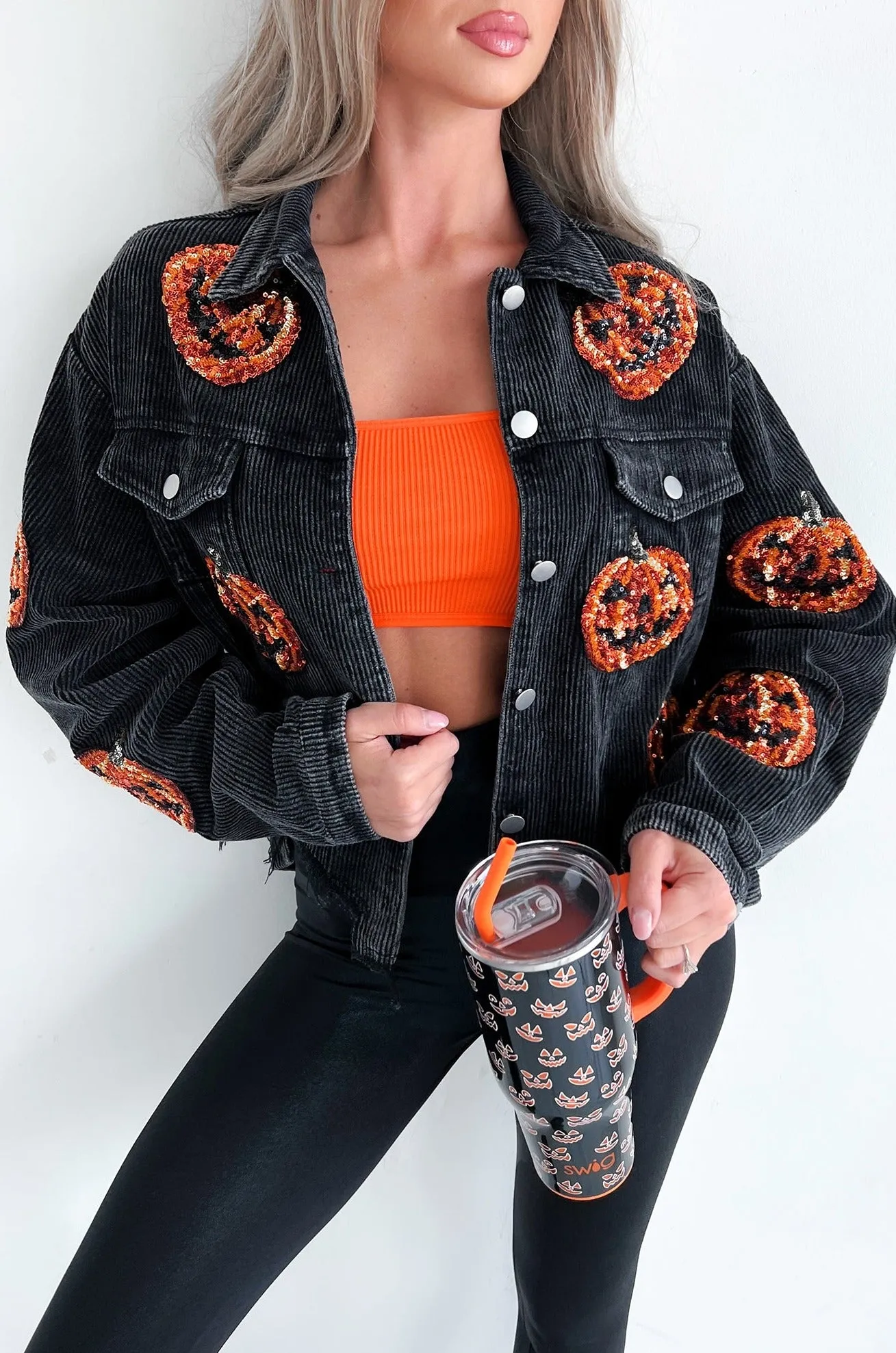 Pumpkin Patrol Pumpkin Sequin Corduroy Jacket (Black Charcoal)