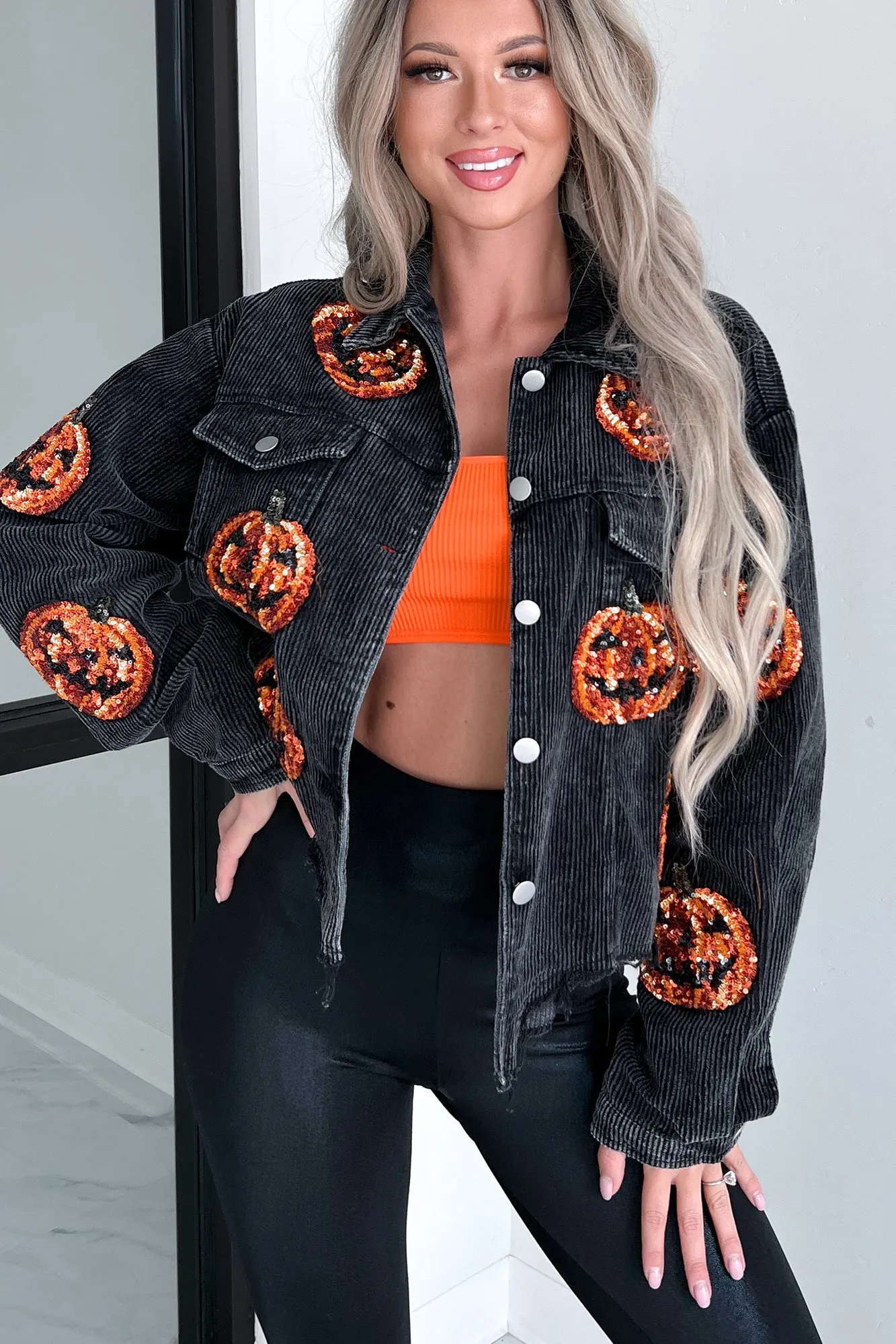 Pumpkin Patrol Pumpkin Sequin Corduroy Jacket (Black Charcoal)