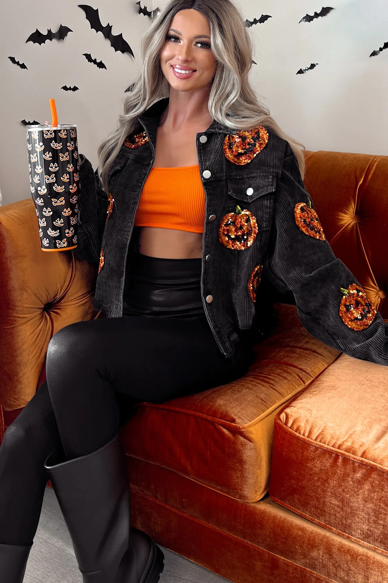 Pumpkin Patrol Pumpkin Sequin Corduroy Jacket (Black Charcoal)