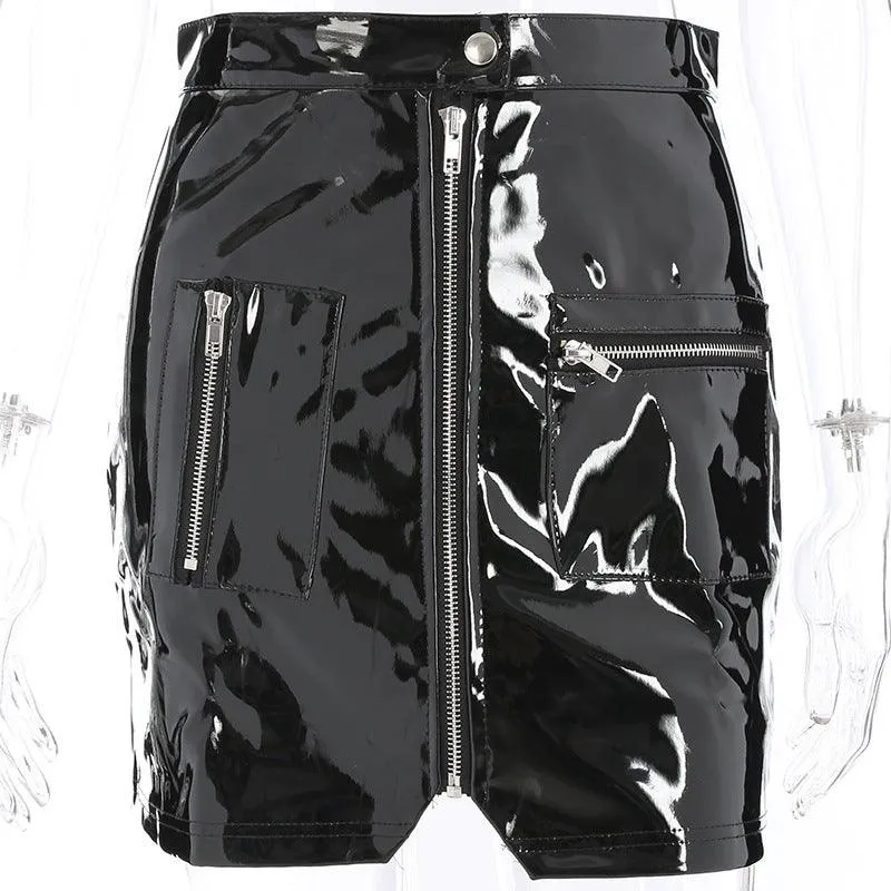 PVC High Waist Zipper Pocket Package Hip Mini Skirt