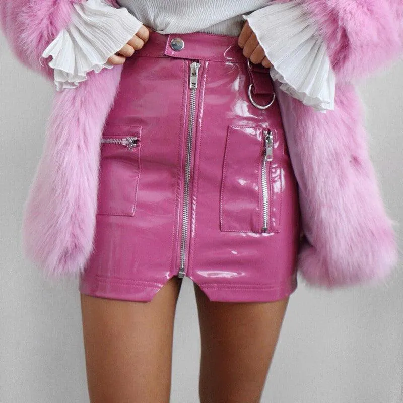 PVC High Waist Zipper Pocket Package Hip Mini Skirt