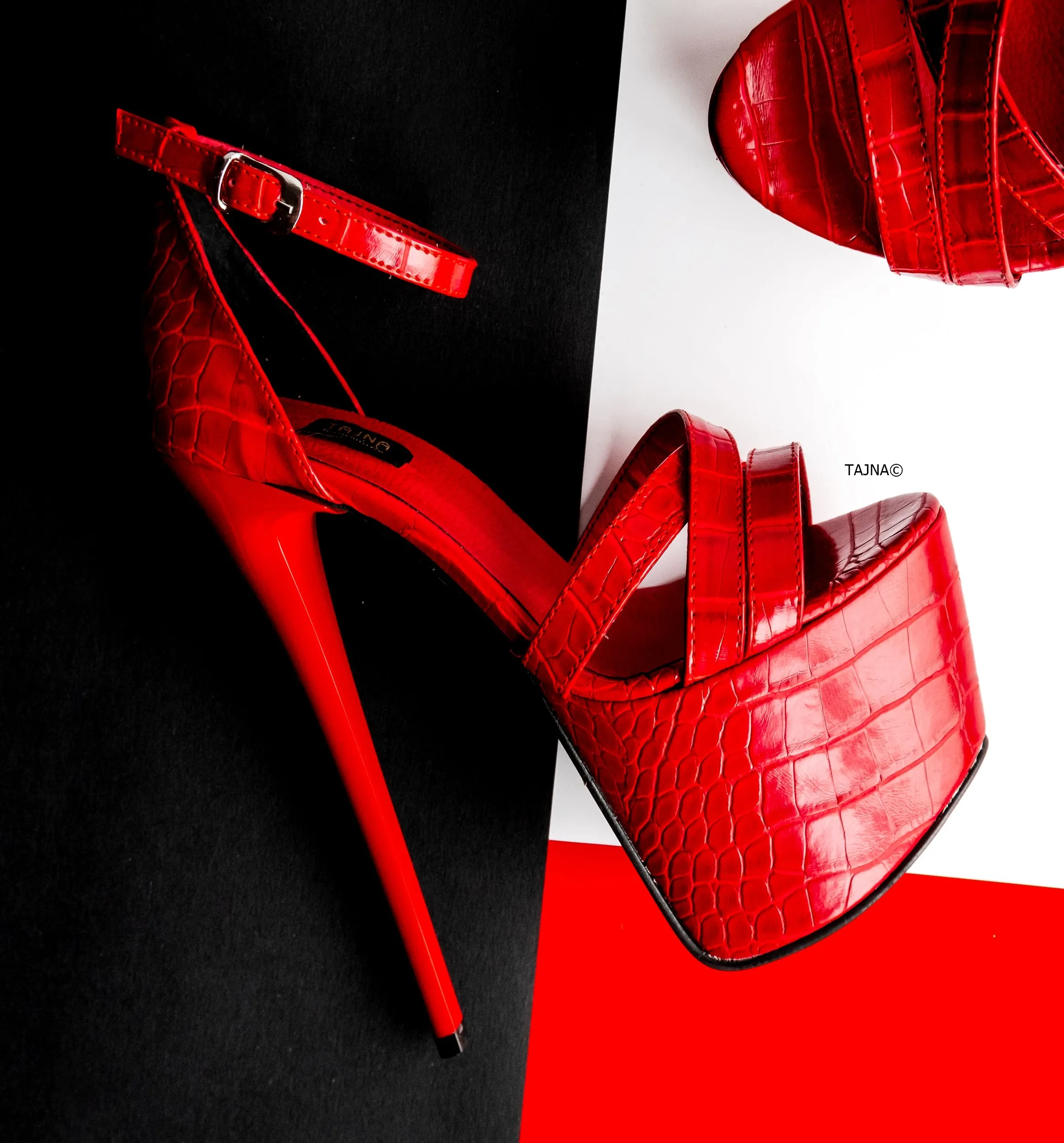 Red Croco Cross Strap High Heel Sandals