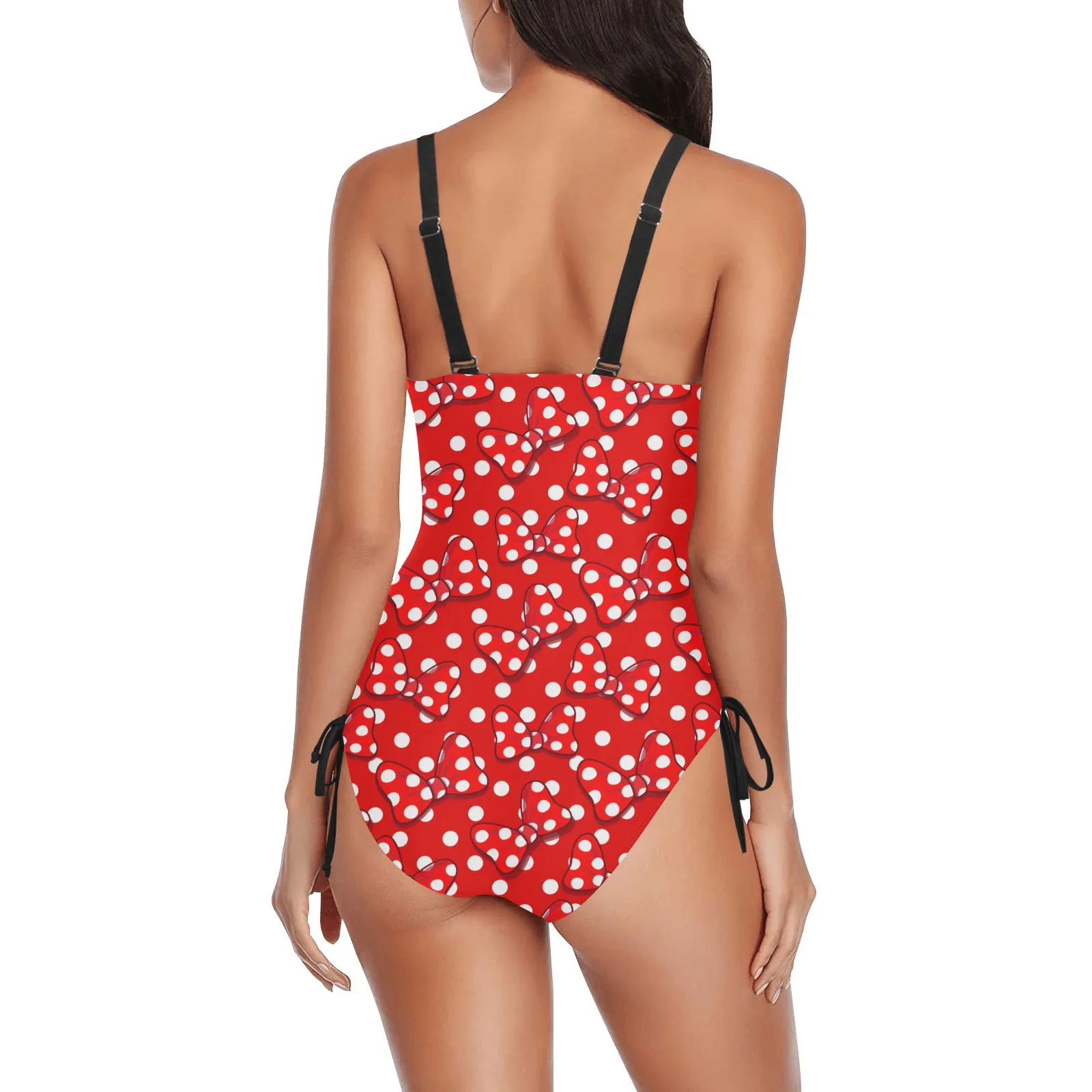 Red With White Polka Dot And Bows Drawstring Side Women's One-Piece Swimsuit