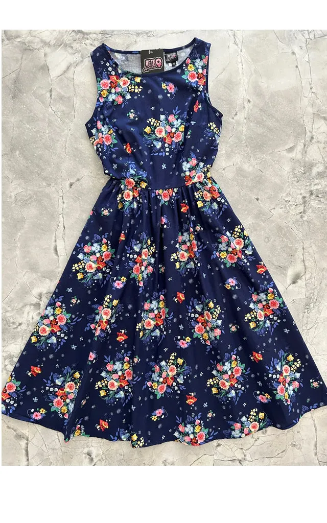 Retrolicious Midi Dress in Floral Caterpillar Print - 2XL & 3XL left only