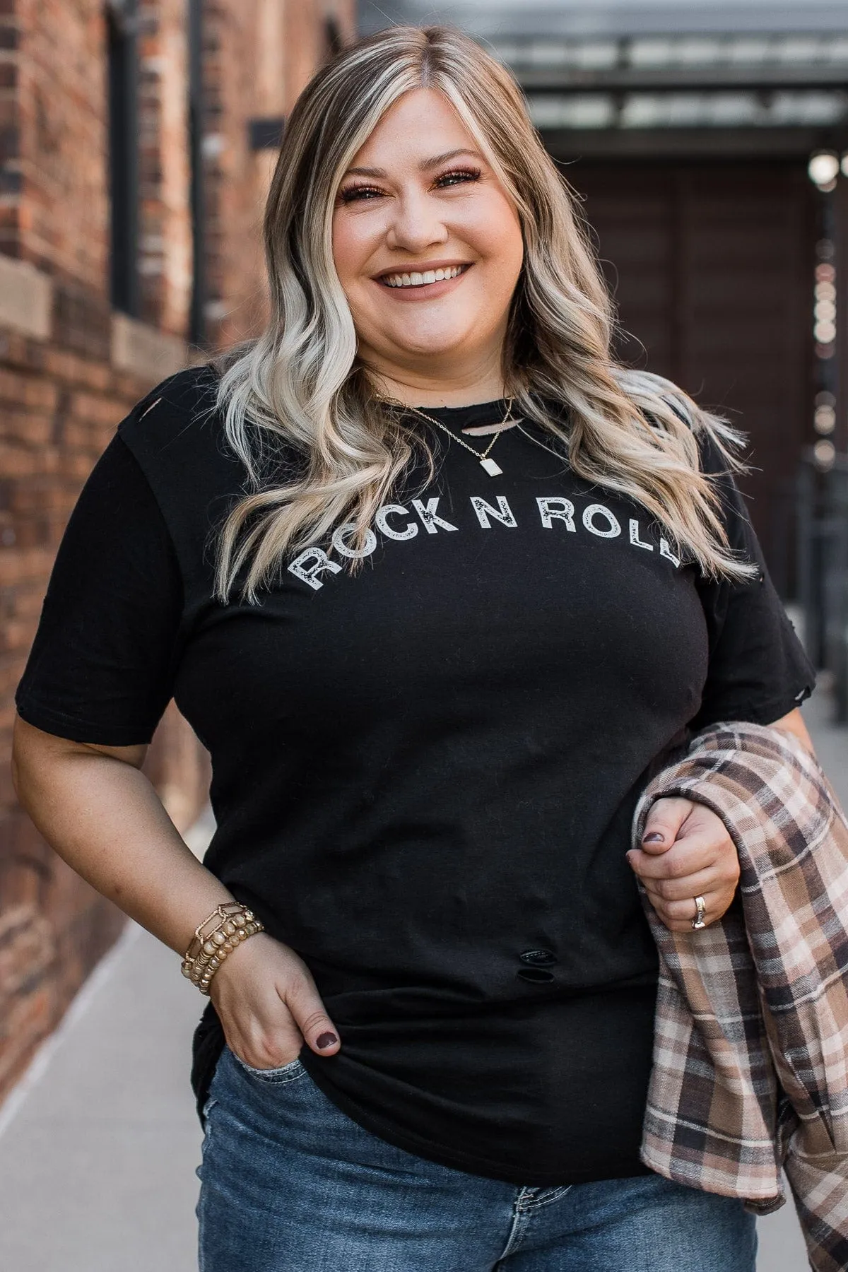 Rock N Roll Distressed Graphic Tee- Black